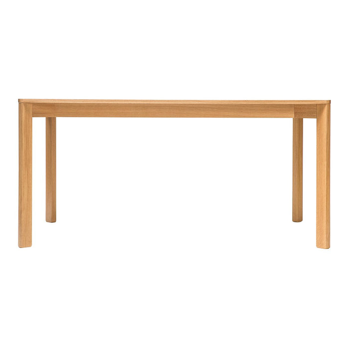 Natural wood dining table with a smooth light finish and minimalist design, featuring clean lines and no patterns.