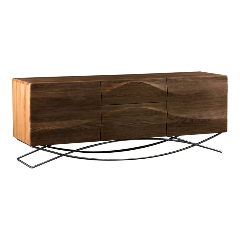 Elegant wooden sideboard with a blend of light and dark wood tones, featuring smooth, wave-like patterns. Modern metal base.