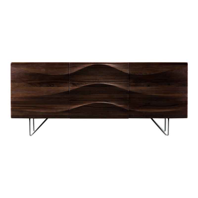 Dark wood sideboard with sleek wave pattern and chrome legs, offering a modern, sophisticated look.