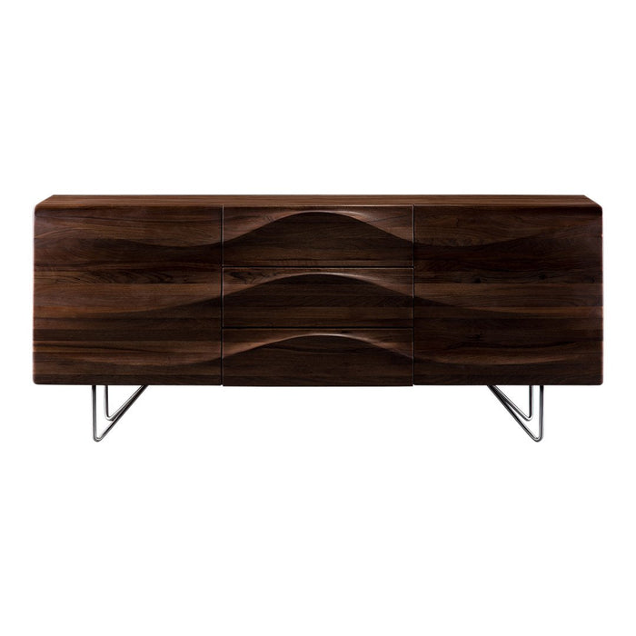 Dark brown wood sideboard with wavy texture and sleek metal legs, showcasing modern design and elegant patterns.