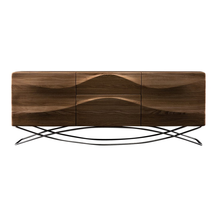 Brown wood sideboard with wave patterns and black metal legs, blending modern design with natural textures.