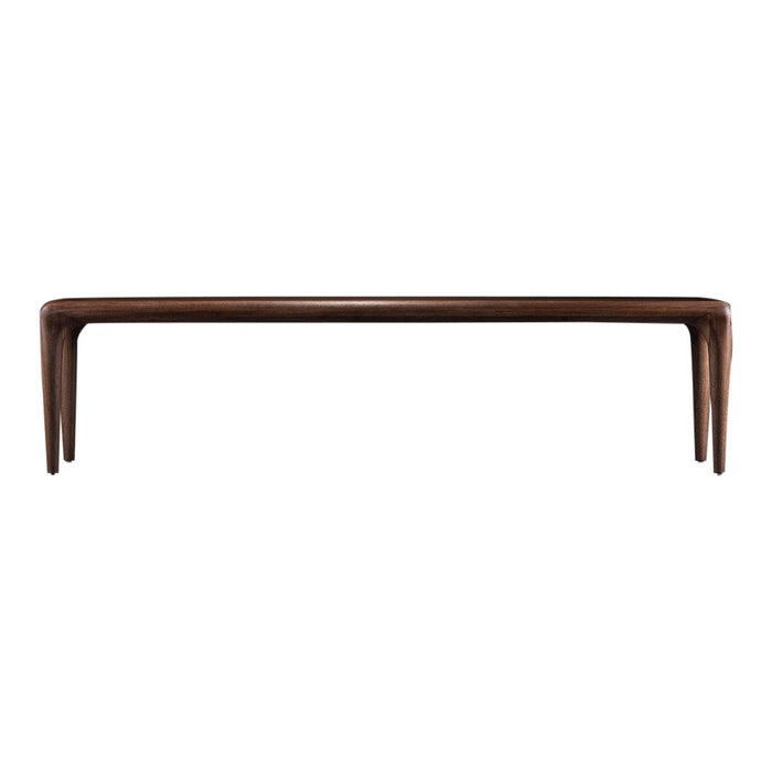 Elegant dark wood bench with a smooth, minimalist design and sleek, curved legs in a rich brown finish.