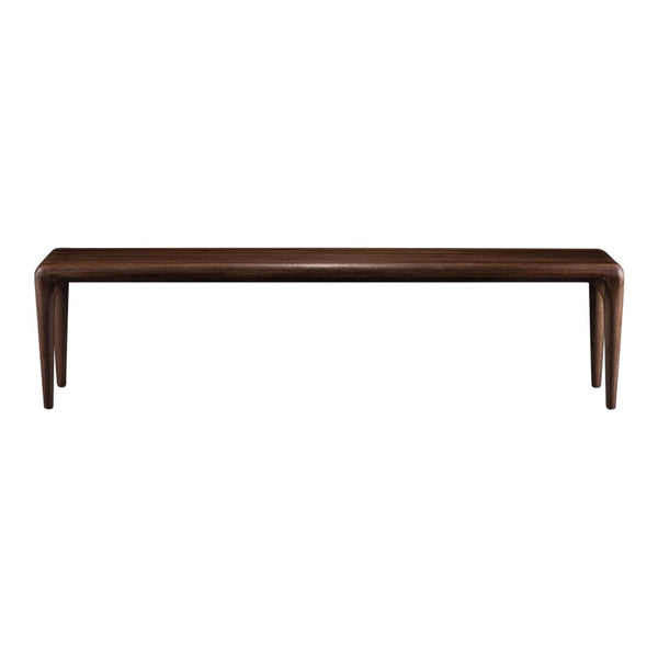 Dark brown rectangular bench with smooth surface and tapered legs, showcasing a minimalist design. Ideal for modern decor.