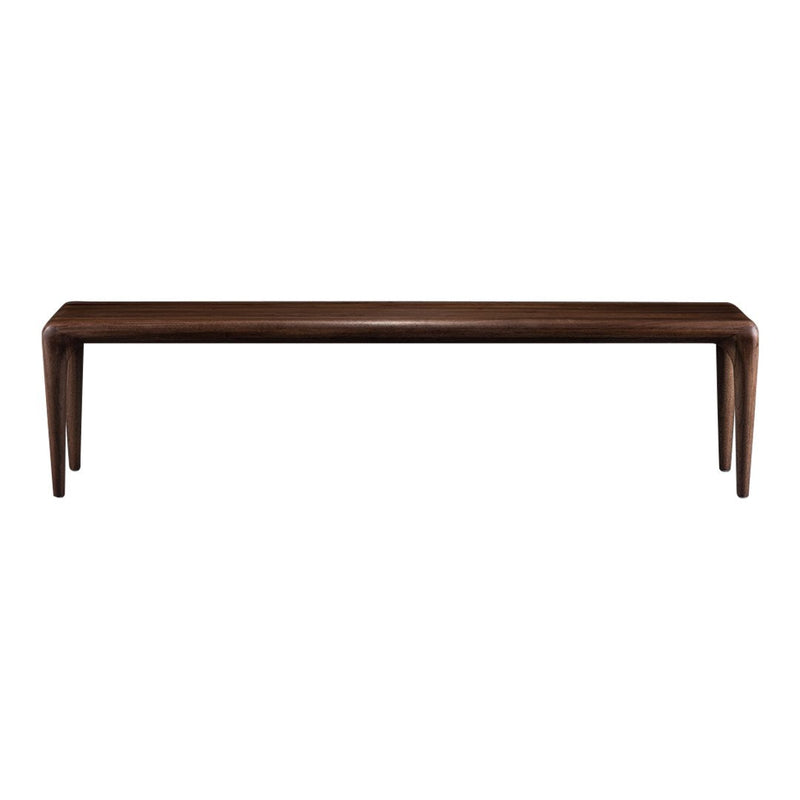 Dark brown rectangular bench with smooth surface and tapered legs, showcasing a minimalist design. Ideal for modern decor.