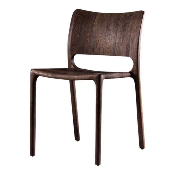 Dark wood dining chair with smooth, curved lines and a minimalist design. Ideal for modern decor.