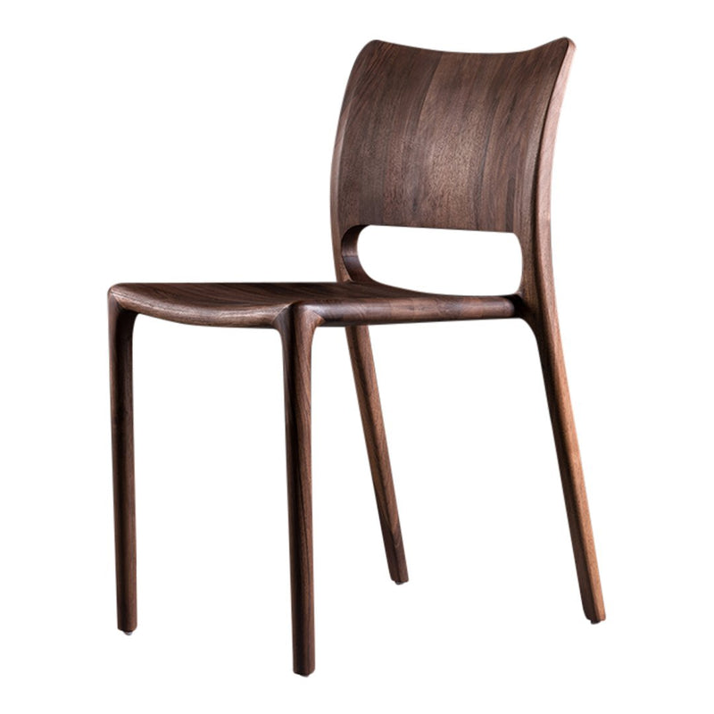 Modern wooden chair in rich walnut finish with smooth curves and minimalist design, perfect for any space.