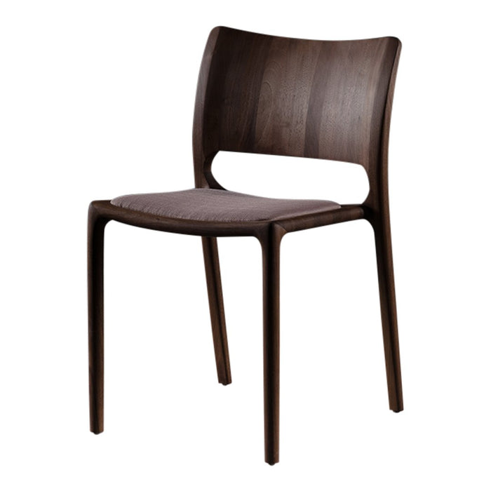 "Dark wood dining chair with smooth, minimalist design and natural finish, featuring a comfortable seat and back."