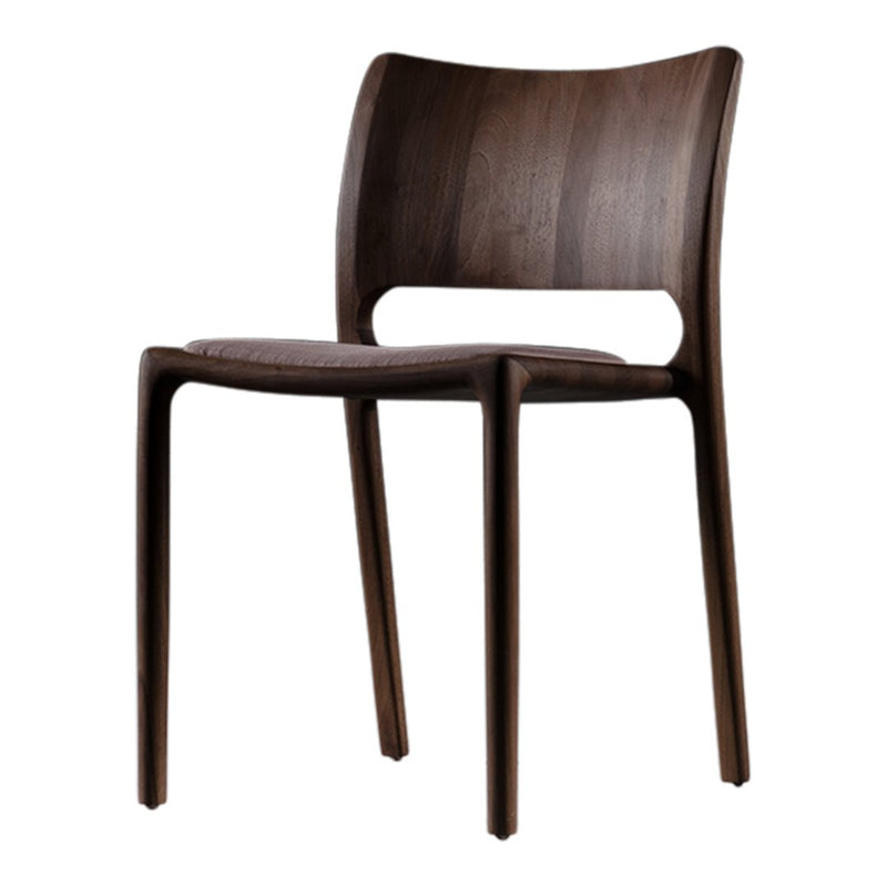Dark walnut wood chair with a smooth, minimalist design and subtle curves, featuring a natural finish.
