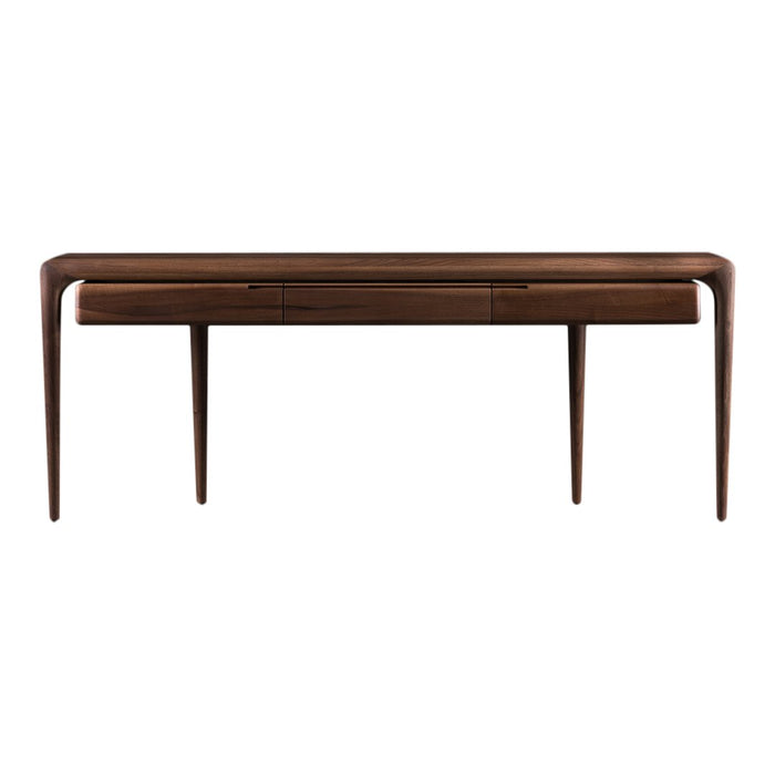 Wooden console table in rich brown finish with smooth, sleek surfaces and elegant tapered legs.