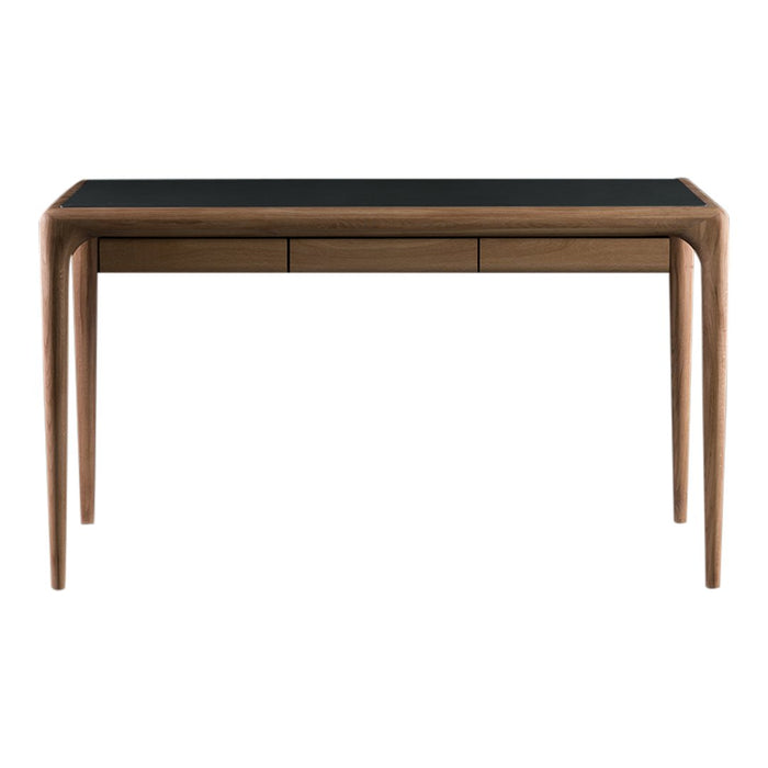 Walnut desk with a sleek black tabletop, featuring clean lines and minimalistic design. Ideal for modern spaces.