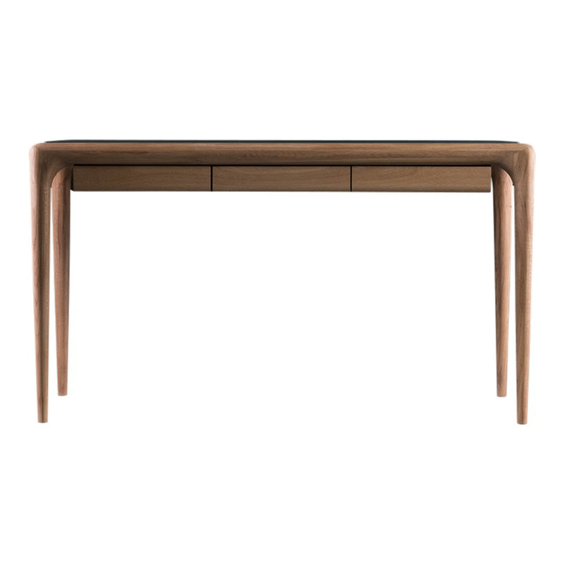 Elegant wooden console table in warm brown finish with smooth, rounded edges and a sleek design.
