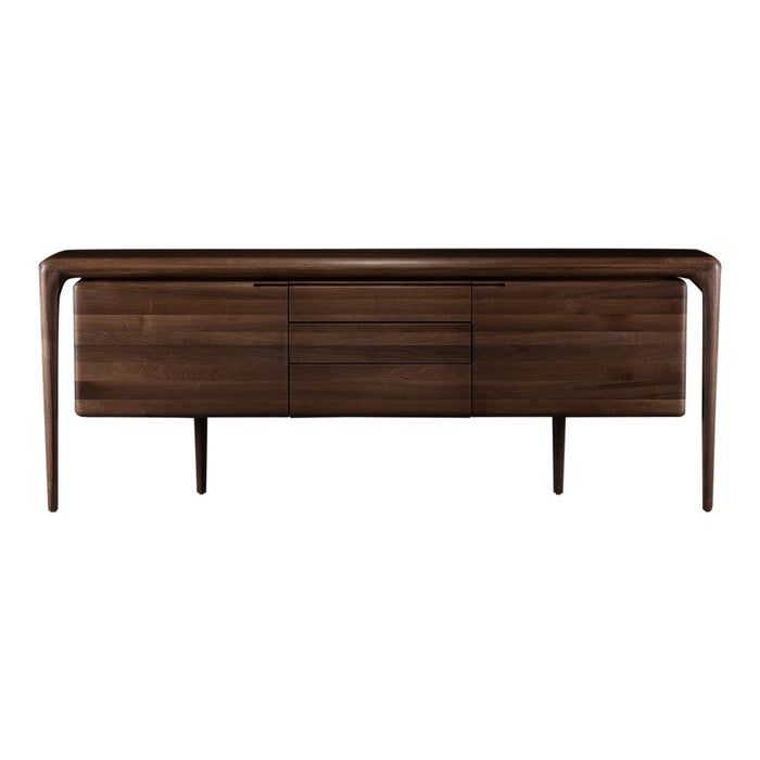 Dark walnut sideboard with smooth lines and natural wood grain pattern, showcasing modern minimalist design.