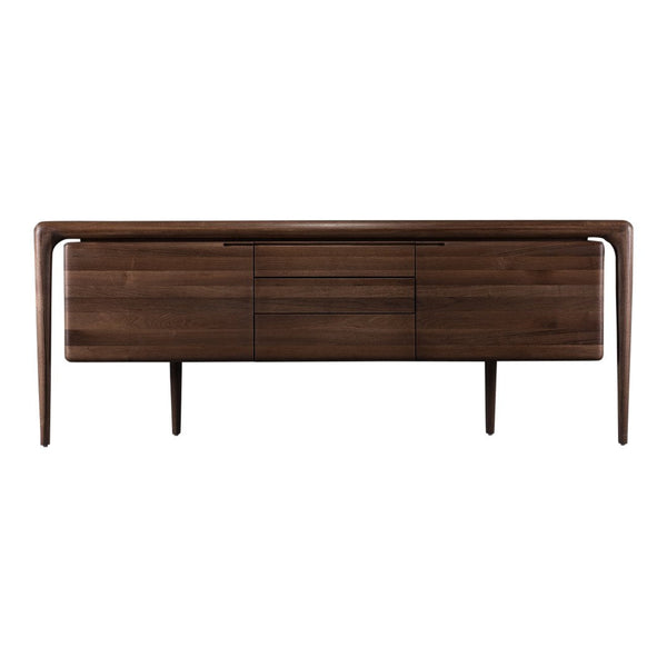 Wooden sideboard in rich walnut finish with smooth surfaces and sleek, minimalist design.