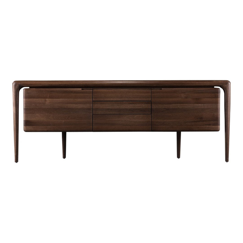 Wooden sideboard in rich walnut finish with smooth surfaces and sleek, minimalist design.