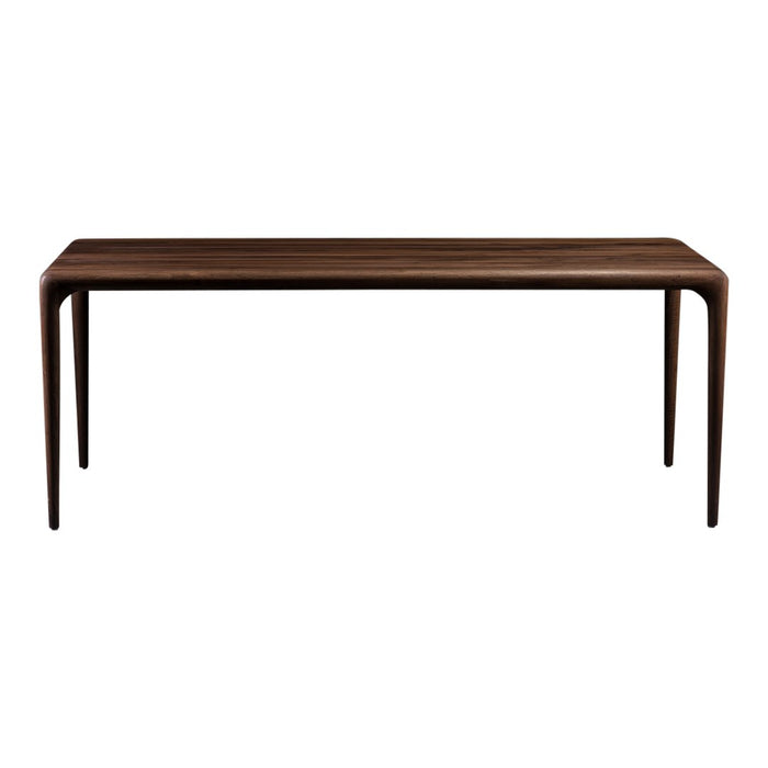 Sleek brown wooden table with smooth, minimalist design and tapered legs; rich, warm tones highlight natural grain.