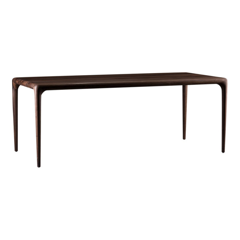 "Elegant brown wooden dining table with a sleek, minimalist design and smooth finish."