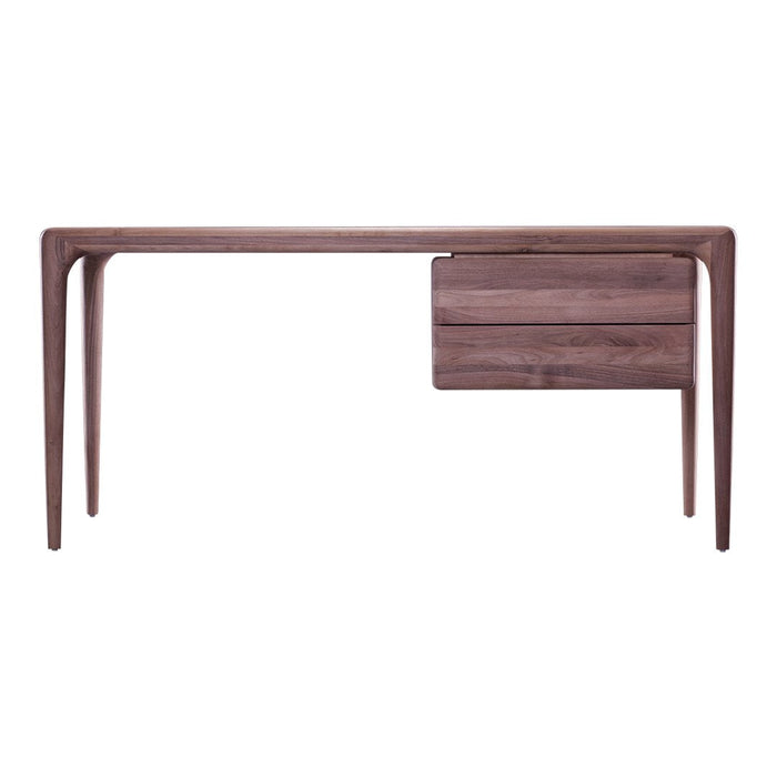 Elegant walnut desk featuring smooth, dark wood finish and simple lines with a minimalistic drawer design.