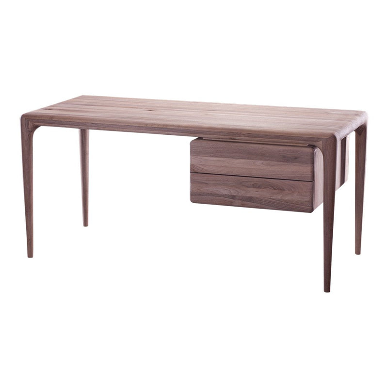 Elegant walnut wood desk featuring smooth grain, minimalist design, and a sleek drawer for modern home office style.