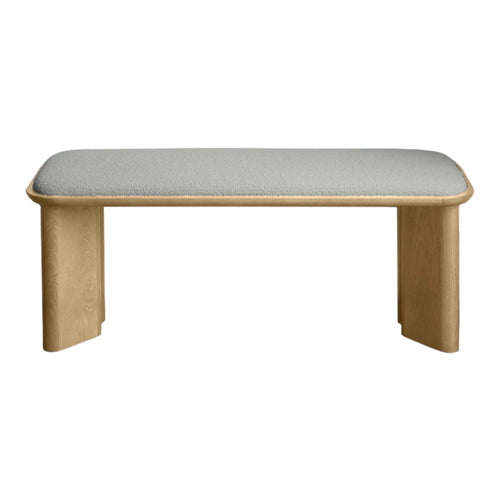 Light wood bench with a soft gray upholstered seat, featuring a modern, minimalist design. Ideal for contemporary decor.
