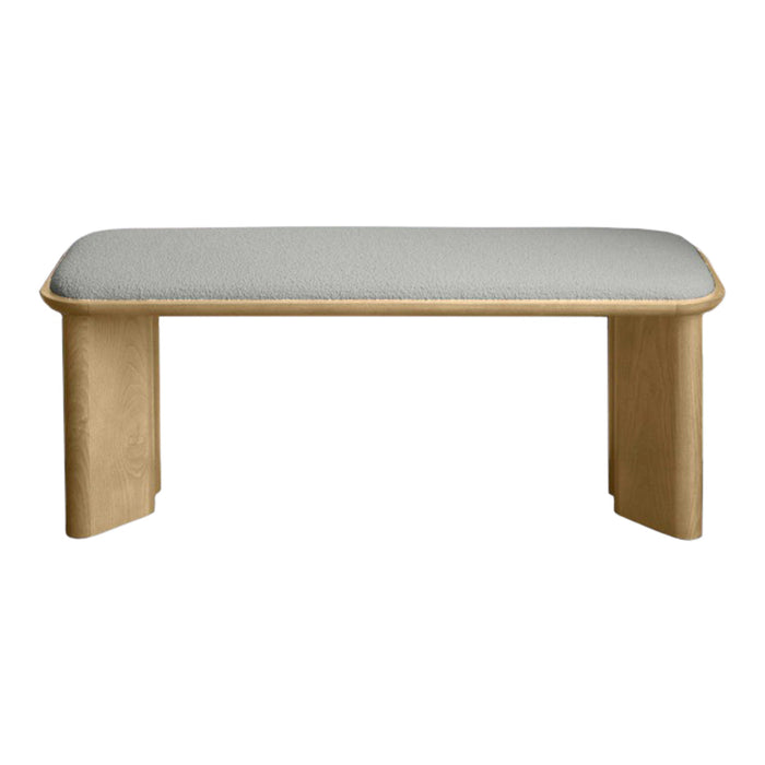 Light wood bench with a soft gray upholstered seat, featuring a modern, minimalist design. Ideal for contemporary decor.