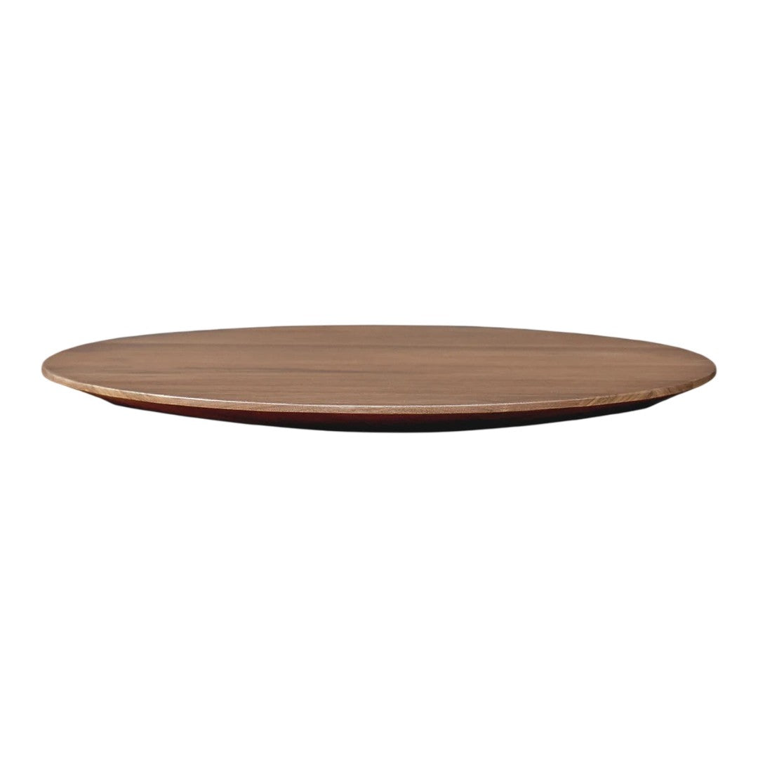 Round wooden serving platter with a smooth, natural finish and rich brown tones, perfect for dining or decoration.