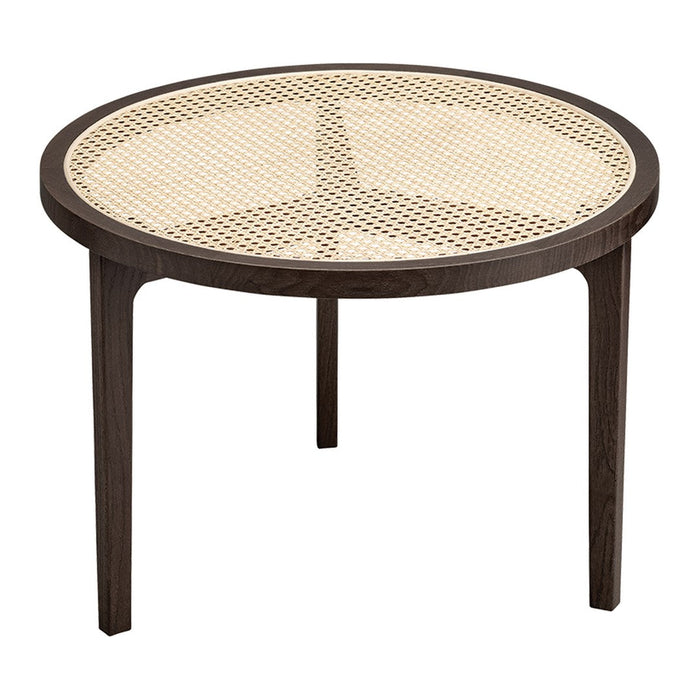 Round table with dark wooden legs and a light, woven cane pattern top. Elegant and modern design, perfect for any space.
