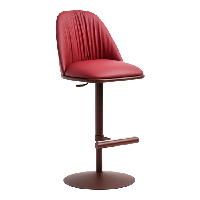 Red upholstered bar stool with vertical ribbed pattern and sleek brown metal base. Perfect for modern decor.