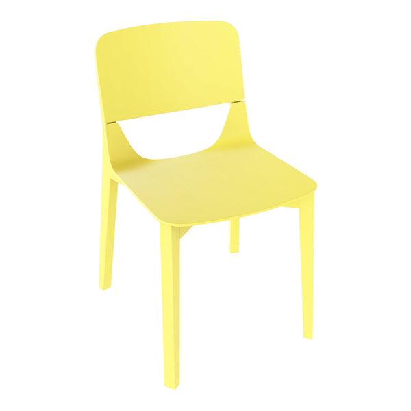 Bright yellow chair with a sleek, minimalist design and smooth, matte finish. Ideal for modern decor.