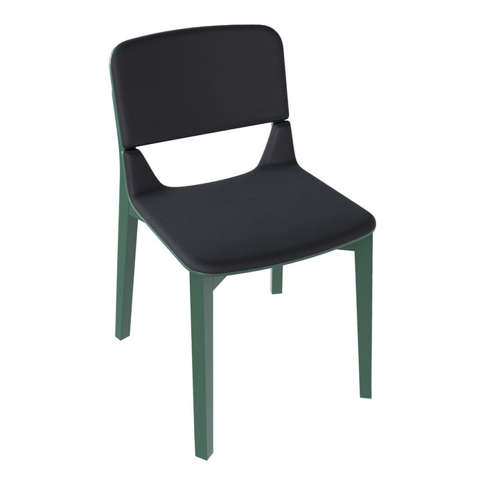 Black chair with a smooth matte finish and contrasting green legs, featuring a minimalist design.