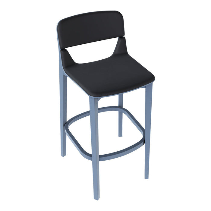 Black seat and backrest, light blue metal frame, sleek minimalist design, perfect for modern spaces.