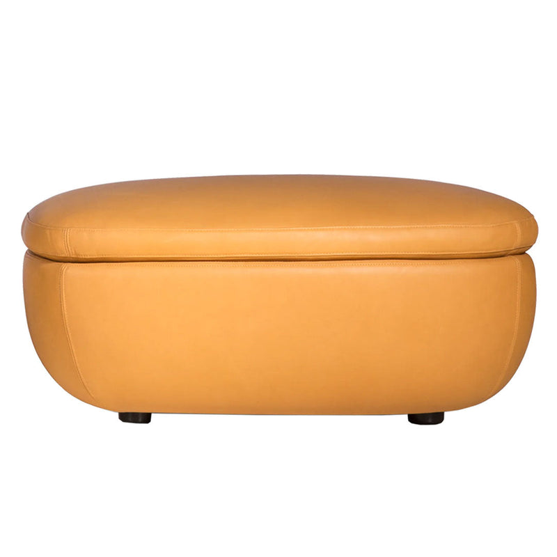 "Round, mustard-yellow upholstered ottoman with a smooth finish, perfect for modern decor."