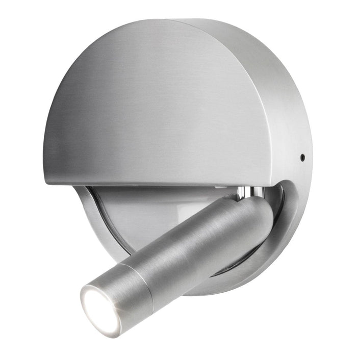 Sleek silver wall light with a round cover and a cylindrical spotlight, featuring a modern minimalist design.