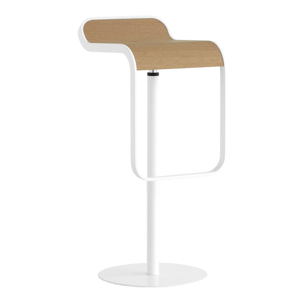 Modern white bar stool with a chic wood-patterned seat, featuring smooth lines and a minimalist design.