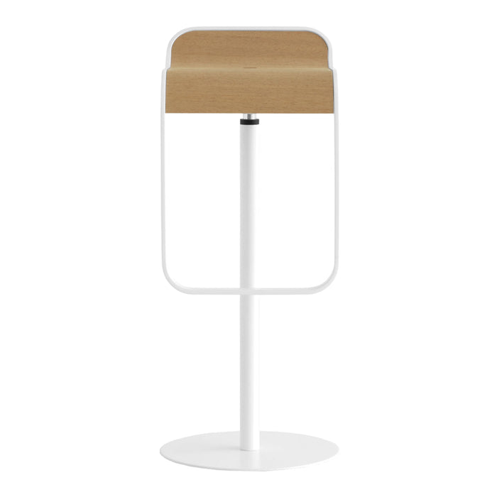 White bar stool with a natural wood top and sleek minimalist design. Perfect for modern home decor.