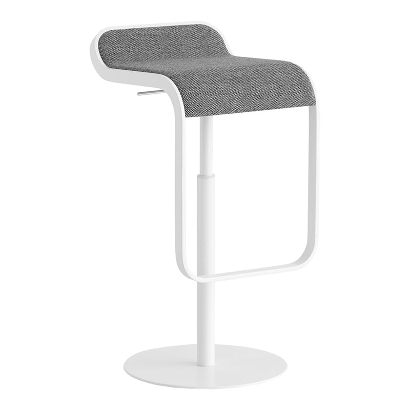 Gray upholstered bar stool with a sleek white metal base, featuring a minimalist design and modern aesthetic.