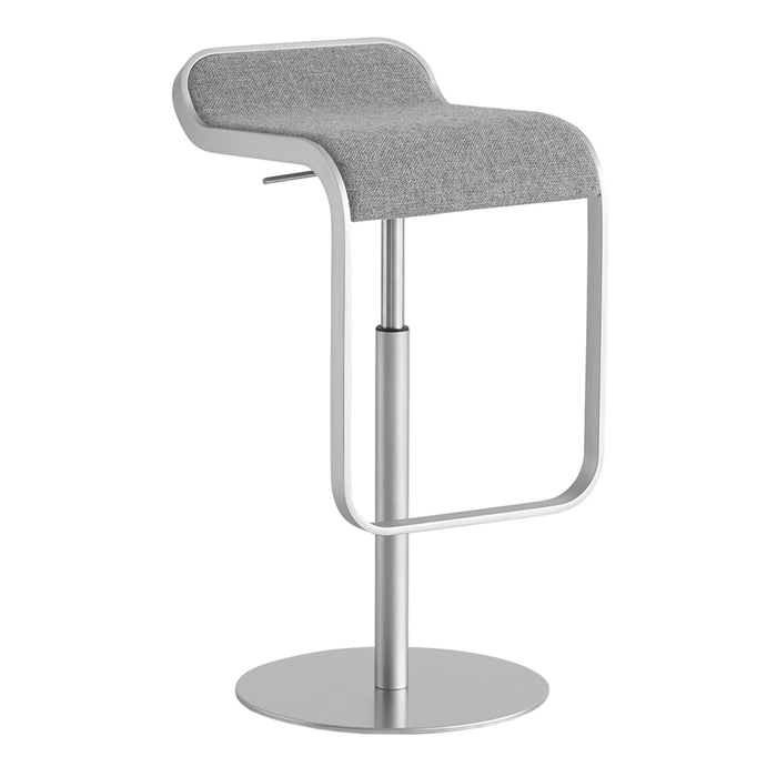 Stylish gray upholstered bar stool with a sleek silver frame and minimalist design. Perfect for modern decor.