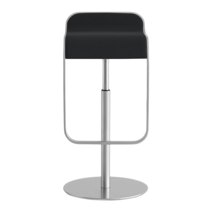 Black bar stool with a sleek design and a shiny metal base, featuring a minimalist aesthetic.