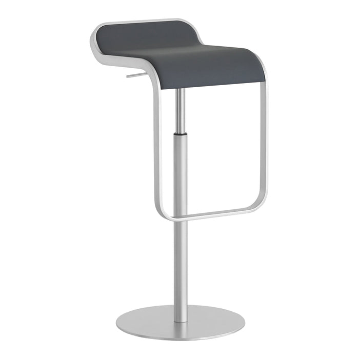 Sleek gray upholstered bar stool with a minimalist silver base, featuring a smooth, curved design.