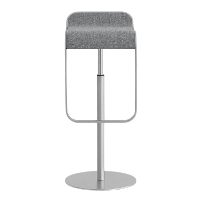 Gray upholstered bar stool with a sleek silver metal frame and minimalist design, ideal for modern spaces.