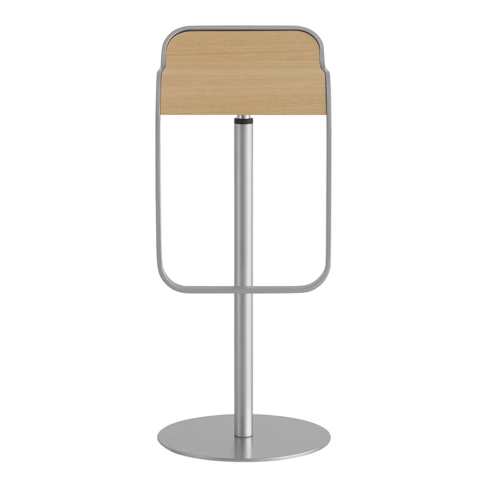 "Modern bar stool with a natural wood seat and sleek stainless steel base, featuring clean lines and minimalist design."