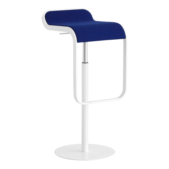 Blue upholstered bar stool with a sleek white base and modern design. Perfect for contemporary spaces.