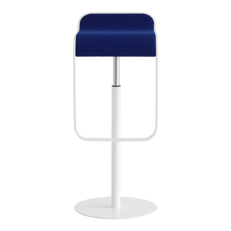 Navy blue padded seat with a sleek white metal frame and round base, perfect for modern decor.