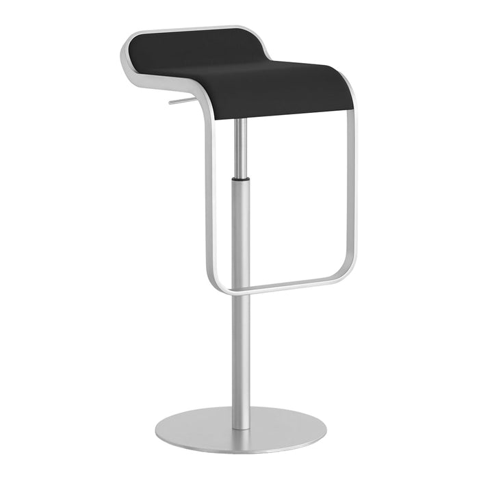 Sleek black bar stool with a minimalist design and polished silver base, perfect for modern interiors.