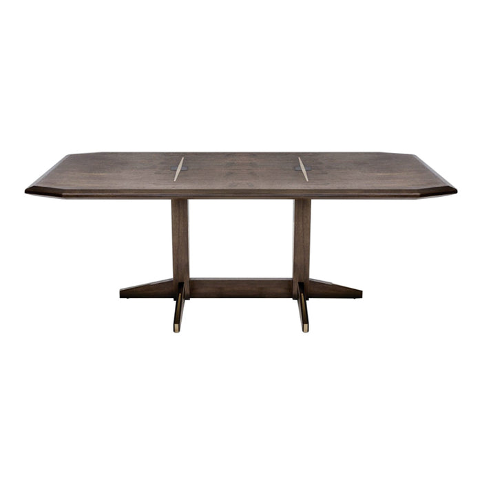 Dark wood rectangular table with smooth finish and subtle grain patterns, featuring sleek, modern lines.