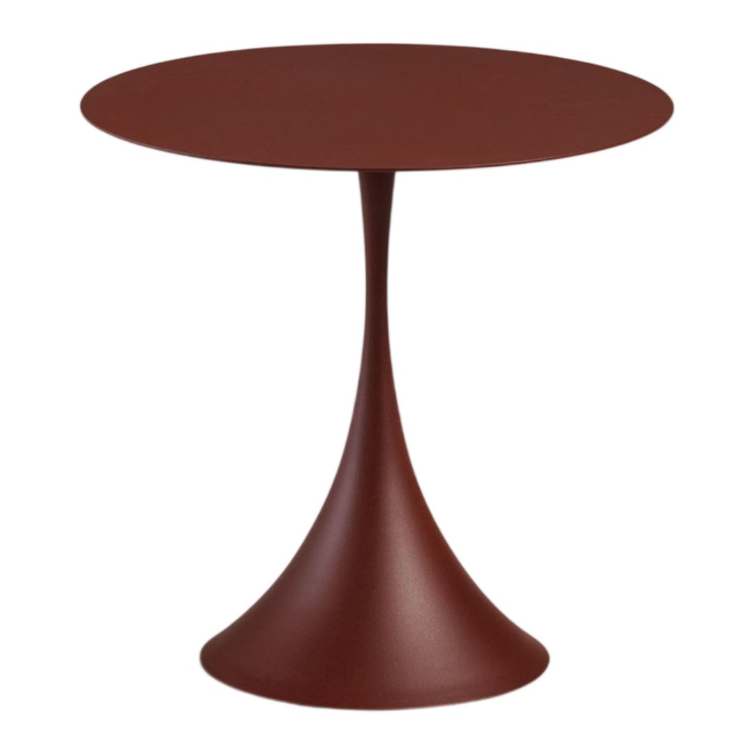 Rust-colored modern side table with a sleek, minimalist design and smooth, round top. Perfect for any decor.