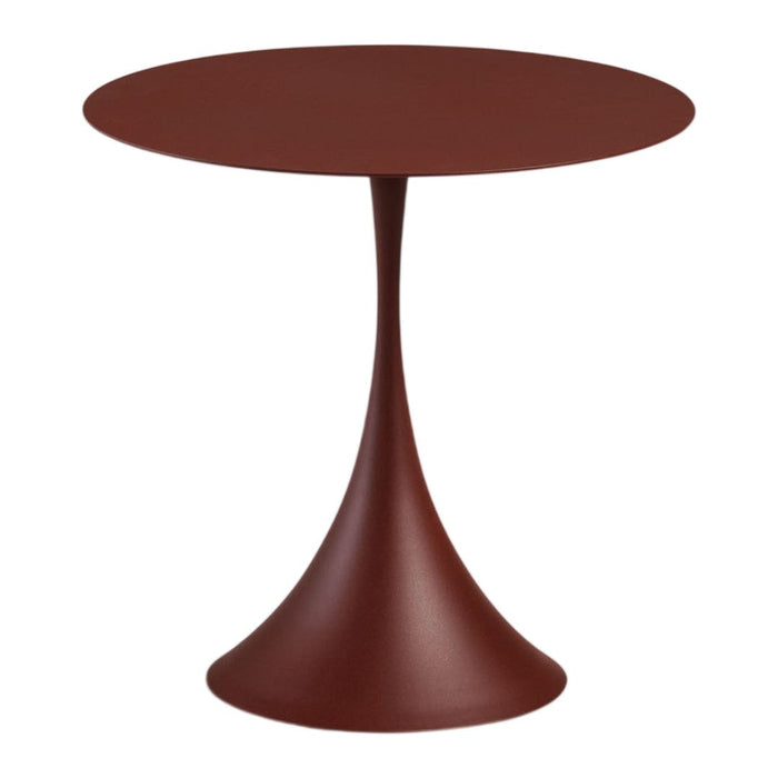 Rust-colored modern side table with a sleek, minimalist design and smooth, round top. Perfect for any decor.