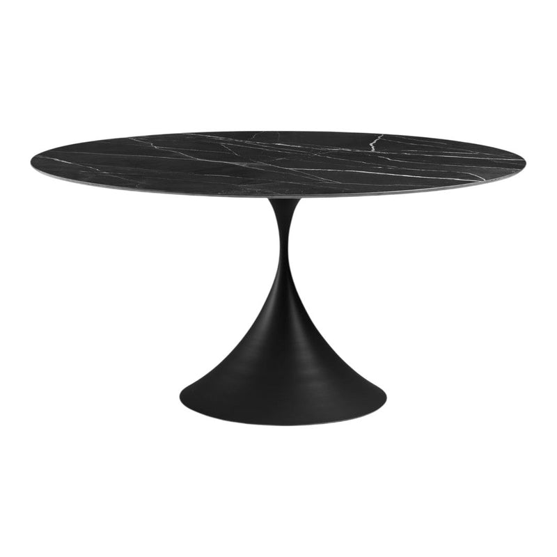 Modern black marble dining table with a sleek black base and elegant white veining pattern. Ideal for stylish interiors.
