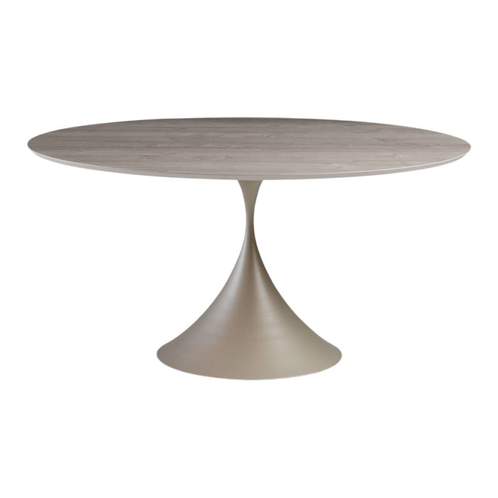Round dining table in light gray with a sleek, modern base, showcasing a smooth wood grain pattern.