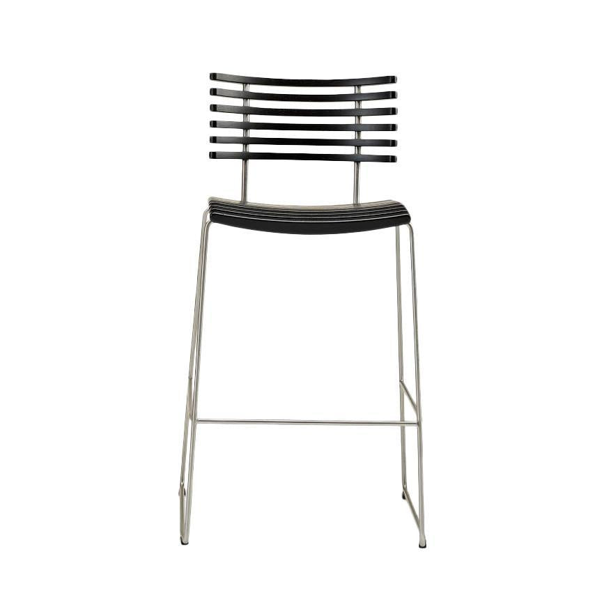 Black striped backrest bar stool with a sleek silver metal frame and upholstered black seat. Modern and minimalist design.