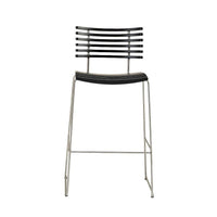 Black striped backrest bar stool with a sleek silver metal frame and upholstered black seat. Modern and minimalist design.
